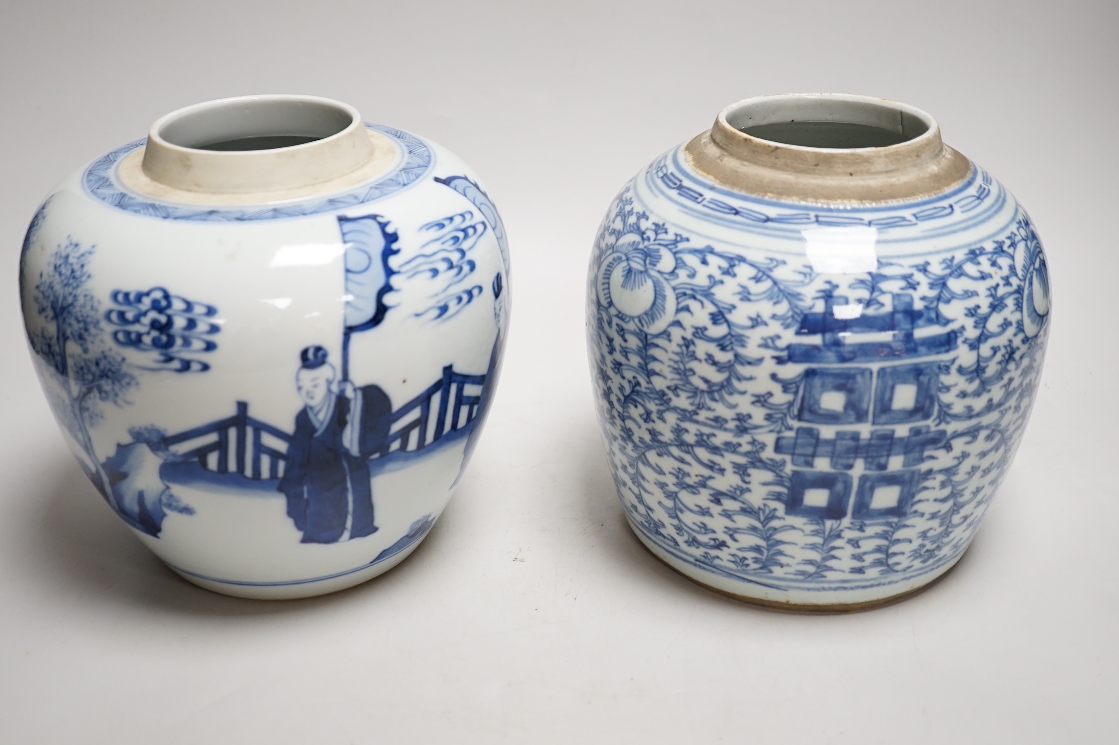 Two Chinese blue and white jars and a similar tea caddy